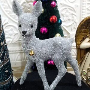 Silver Glitter Deer Christmas Figurine Bell Collar Glitter 9" Fawn